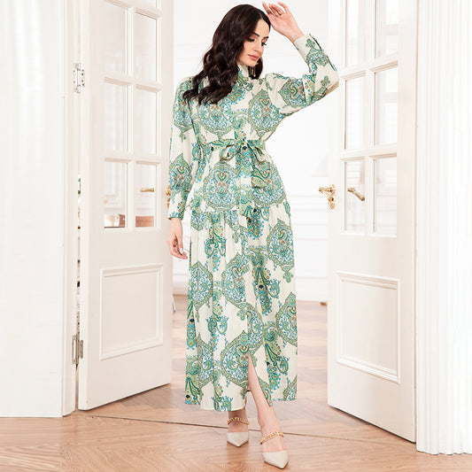 Elegant Style High Collar Flowers Belt Shirt Sleeve Long Dresses